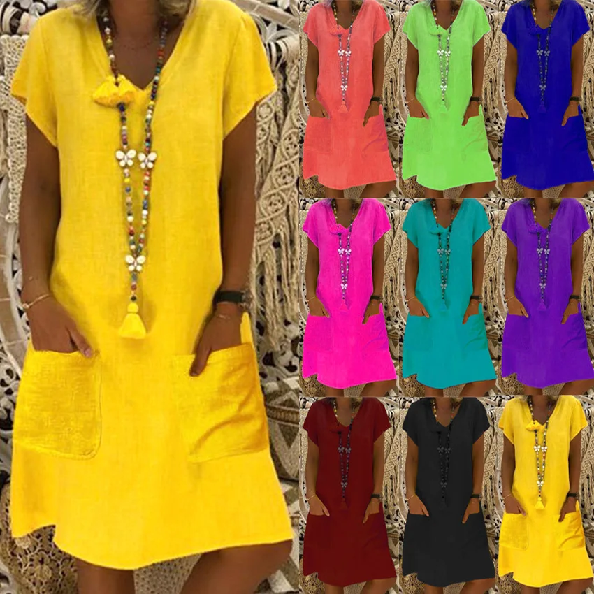 Women Long Shirt Cotton Linen Dress 