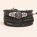 Modyle 4pcs/ set Adjustable Leather Bracelets for Men Braided Black Brown Bangle Life Tree Leaf Rudder Charm Bracelet Gift preview-3