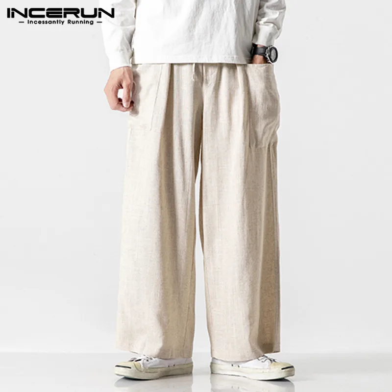 INCERUN Cotton Men Wide Leg Pants Solid 