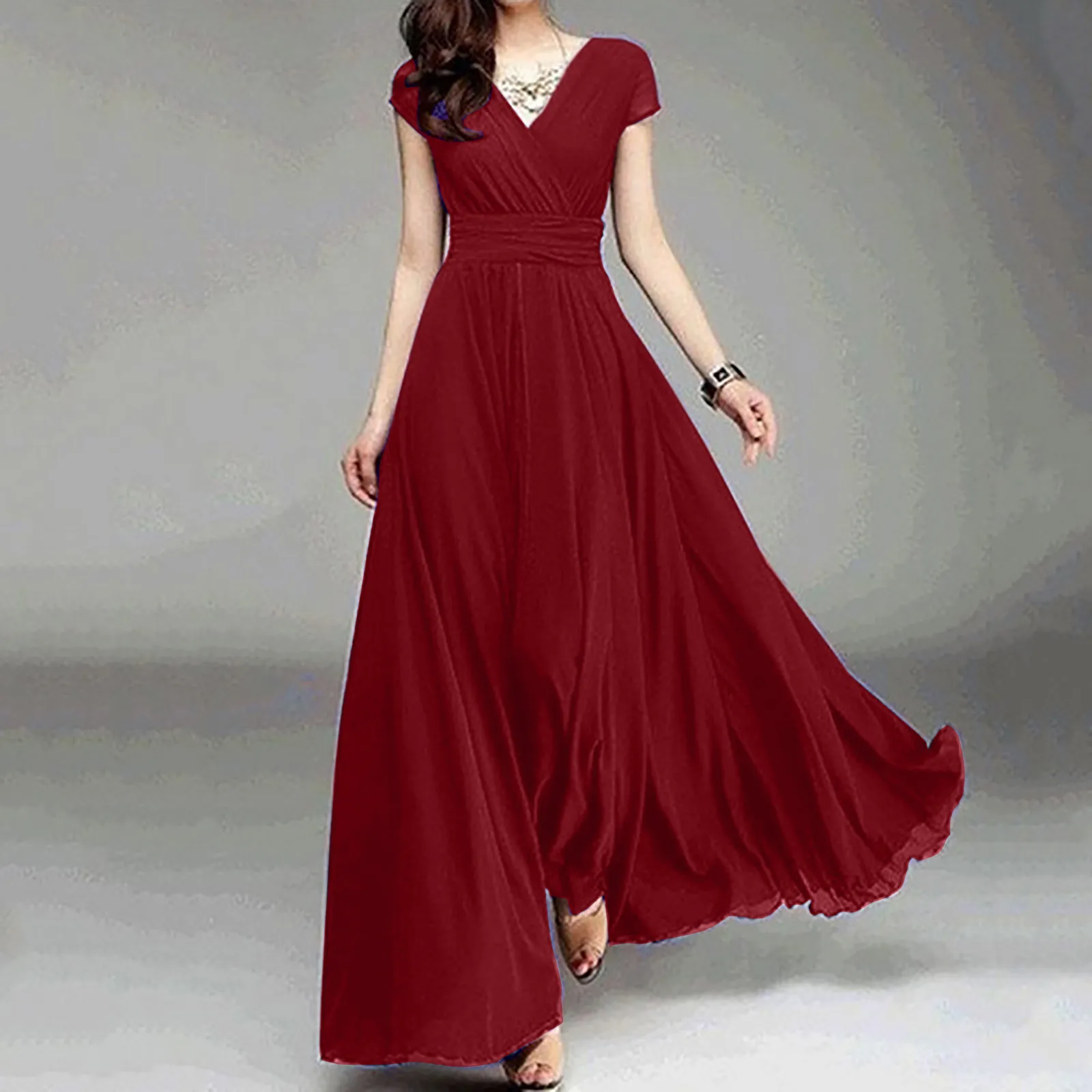 V-neck Solid Color Dress Women Chiffon 