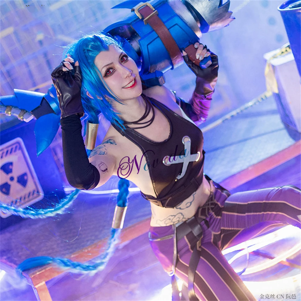 Купить Костюмы и аксессуары для Пурима | Game LOL Arcane Jinx Cosplay  Costume Anime LOL Jinx Cosplay Women Sexy Outfit Shoes Wig Costume Full Set