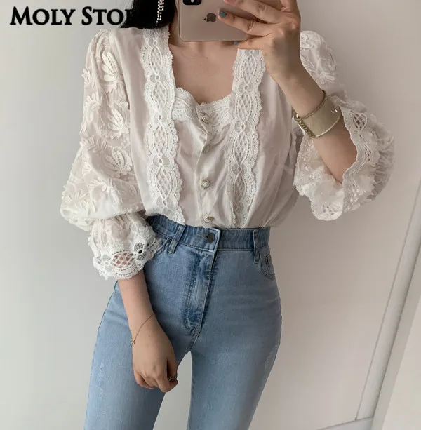 New Puff Sleeve Lace Shirt White Tops 