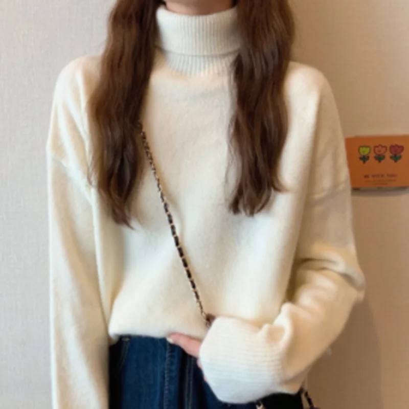 High Neck Sweater Women's Autumn and Winter New 2021 Loose Outer Wear Thickened White Sweater