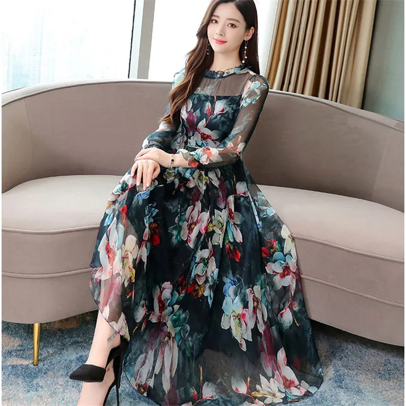 Floral Print Chiffon Dress Women Korean 