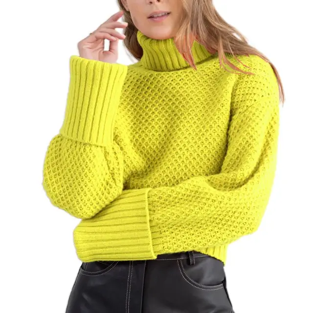 Women Long Sleeve Waffle Knit Sweater 