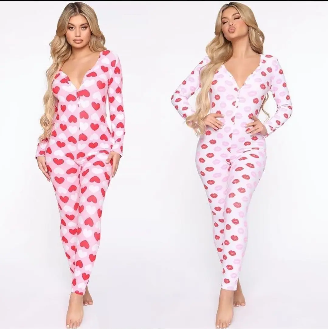 Proion New Autumn Winter Women Cute One Piece Pajama Fashion Cartoon Printed Long Sleeve Trousers Jumpsuit Sleepwear