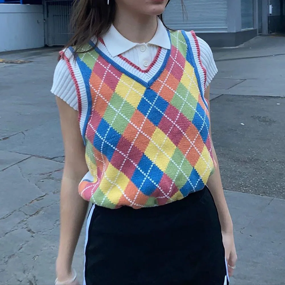Rainbow Y2K Knitted Sweater Vest Argyle 