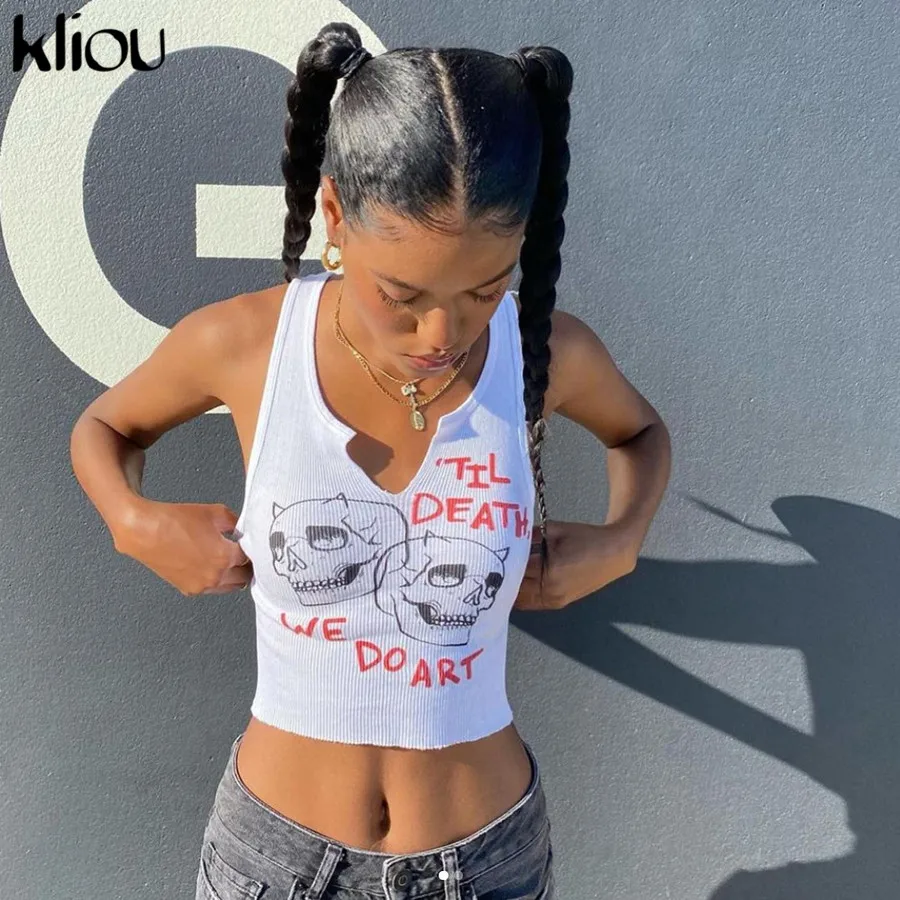 Kliou Aesthetic Graphic Cyber Y2k Streetwear Women Chic Sleeveless Activity Tank Tops 2021 Harajuku Skinny Crop Tops Camisole preview-6