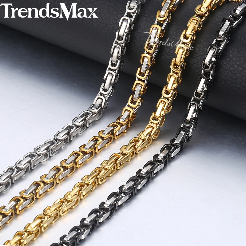 5mm Byzantine Box Link Chain Necklace For Men Stainless Steel Chain Gold Color Black Fashion Men Jewelry Wholesale 18-36" KNN24-animated-img