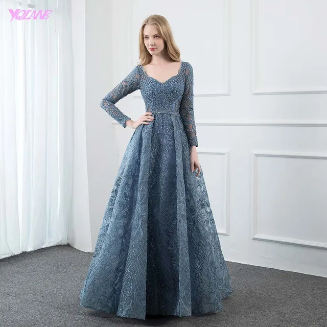 YQLNNE Dusty Blue Lace Embroidered 