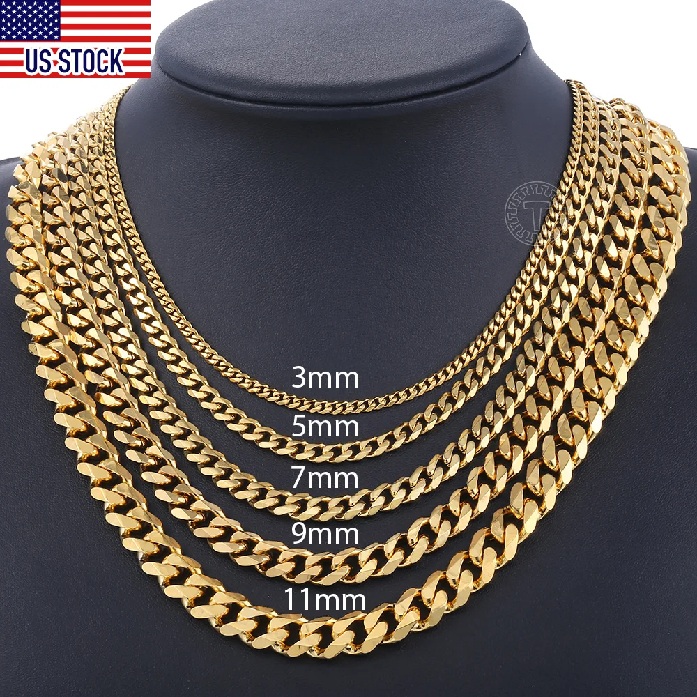 Mens Necklaces Chains Stainless Steel Black Gold Silver Color Necklace for Men Women Curb Cuban Jewelry 3/5/7/9/11mm DLKNM08-animated-img