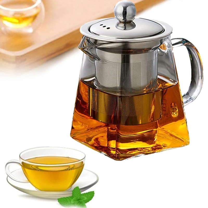 Heat Resistant Glass Teapot With Stainless Steel Infuser Heated Container Tea Pot Good Clear Kettle Square Filter Baskets