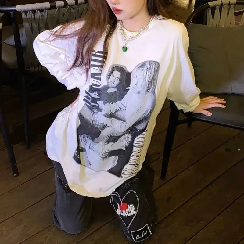 American retro portrait print Gothic street hip-hop Harajuku oversized sweatshirt female round neck loose trend T-shirt couple
