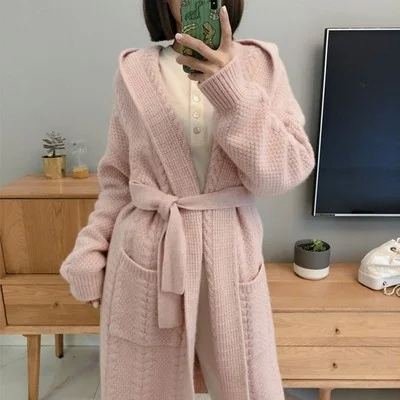 V-neck cashmere cardigan women's medium and long Hoodie thickened lazy sweater twisted flower loose tie coat thick