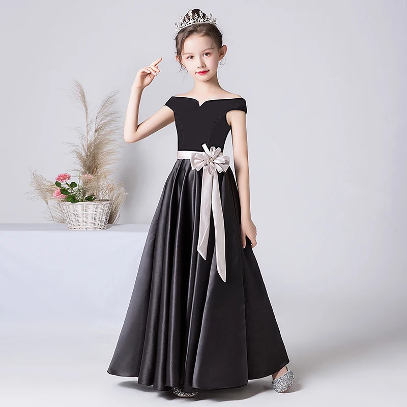 Black Satin Off The Shoulder Long Girls 