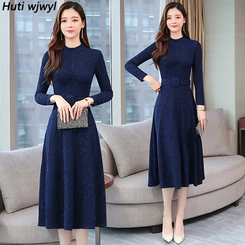 2022 Vintage Blue Long Sleeve Prom Midi 