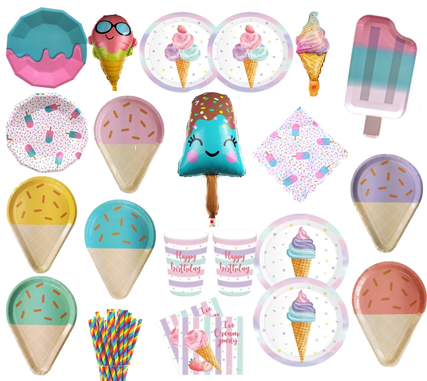 Ice Cream Cartoon Summer Theme Disposable Tableware Paper Plate Cup Wedding Decor Birthday Baby Shower Kids Favor Party Supplies
