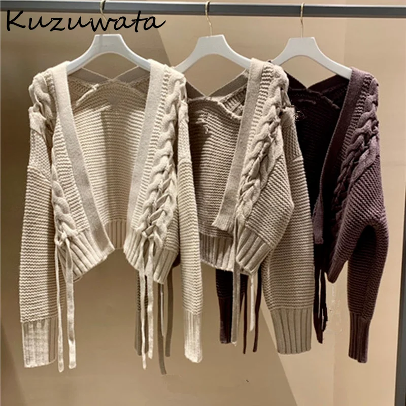 Kuzuwata 2021 Autumn Winter New Sweaters Long Sleeve Hollow Out Weave Bandage Short Cardigan Japanese Fashion Women's Clothing