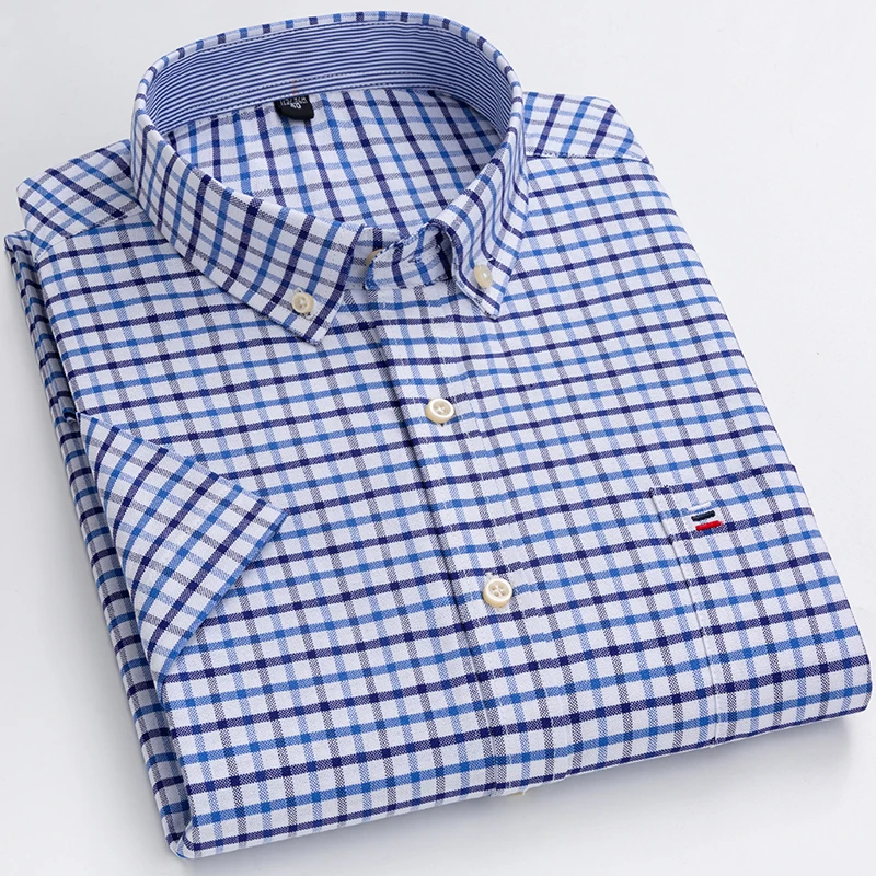 Mens Shirt Button Down Short Sleeve Summer Regular-Fit Plaid Pattern Regular Shirt Casual Blouse Tops 