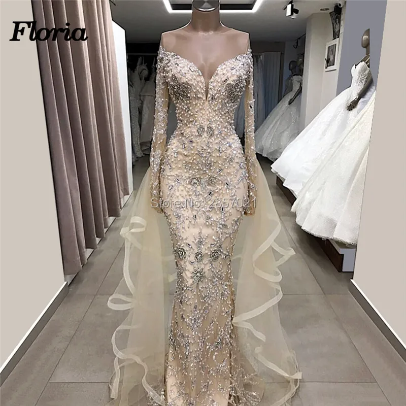 Champagne Beaded Long Evening Dresses 