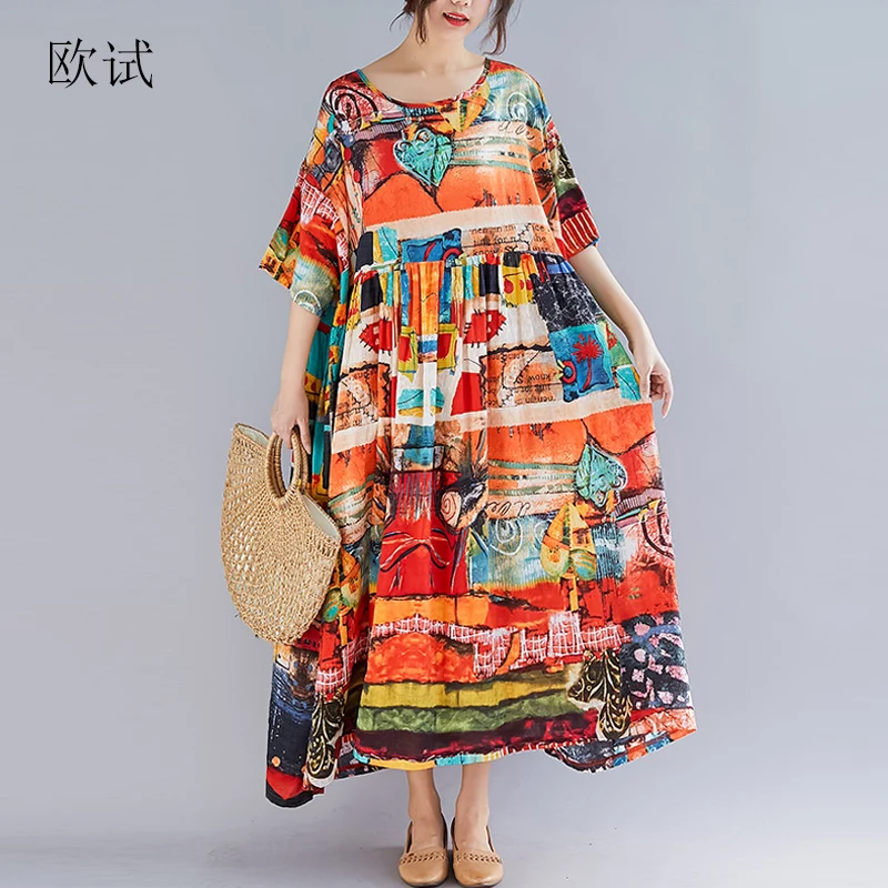 Summer Boho Dress Cotton Linen Floral 