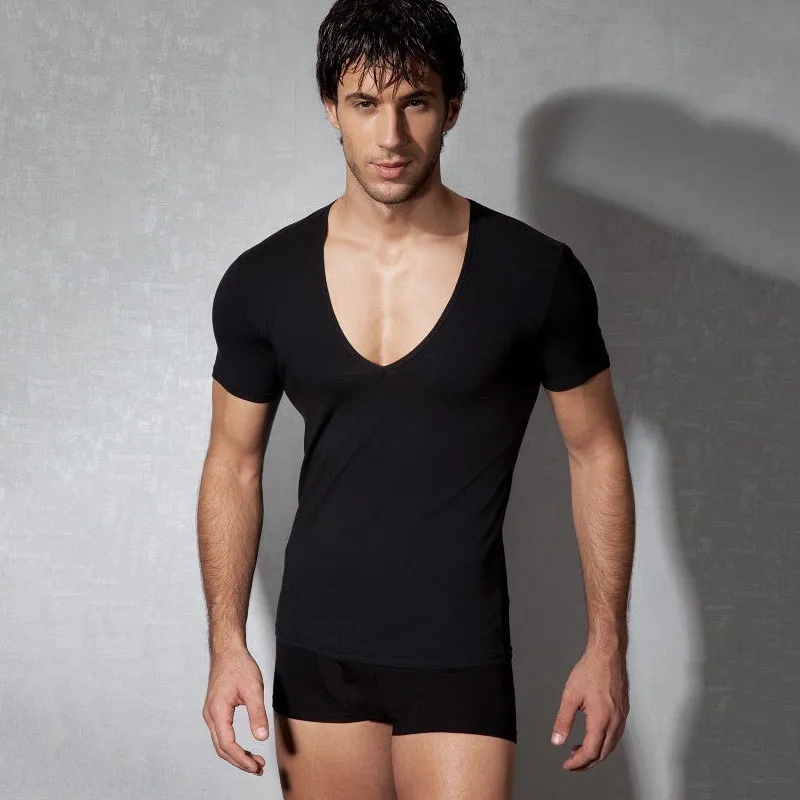 Sexy Deep V T Shirt Men Slim Fit Solid 