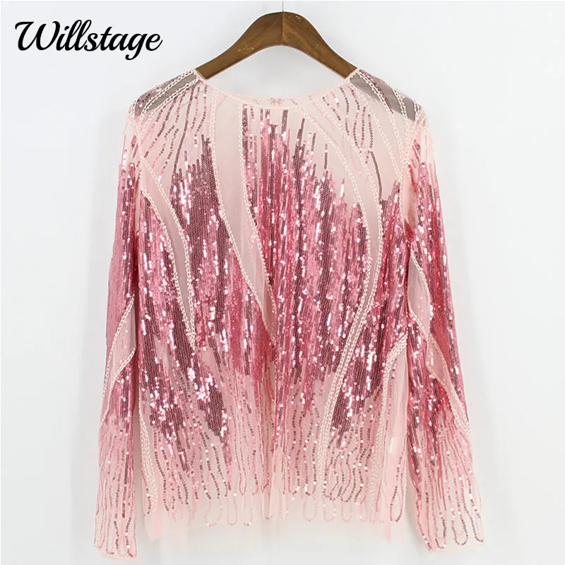 Willstage Women Sequins Tops Pink 