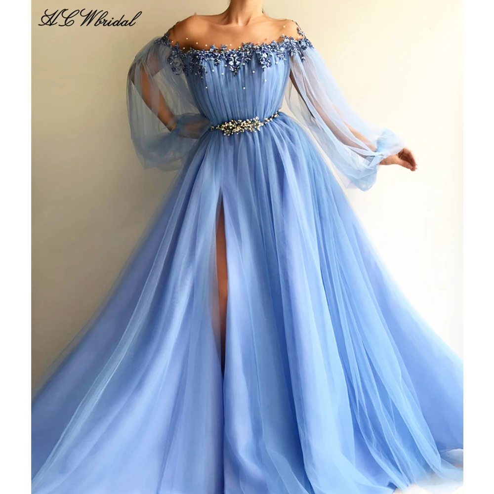 Baby Blue Long Sleeve Evening Dress 
