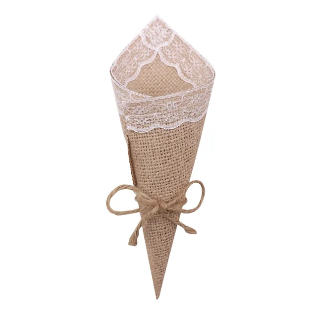 10pcs/lot 15*15cm Burlap Jute Hessian Pew Cones Bouquet Bag Flower Holder for Christmas Party Baby Shower Supply Wedding Decors