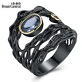 DreamCarnival 1989 Neo-Gothic Series Hollow Sea Blue Zirconia Vintage Ring for Women Black Gold Color Braided Jewelry Drop Ship