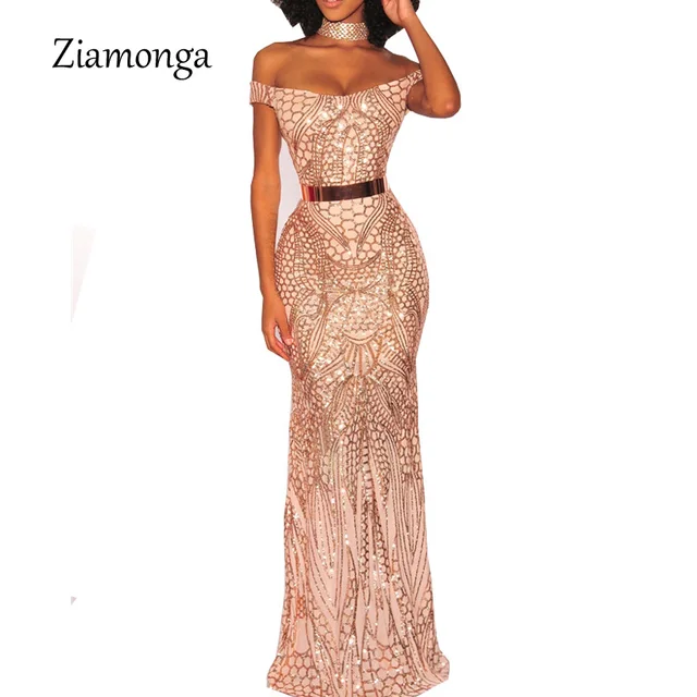 Ziamonga Sexy Gold Sequin Maxi Dress 