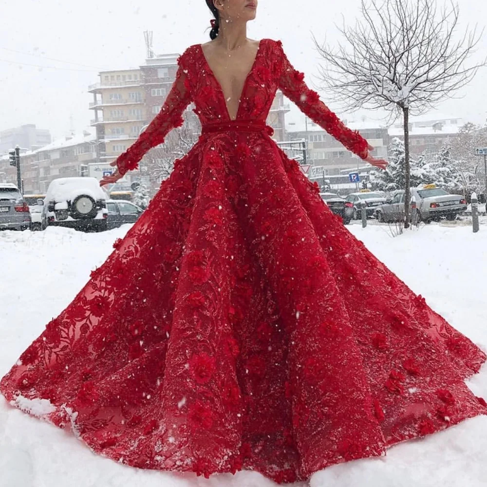 red lace ball dress