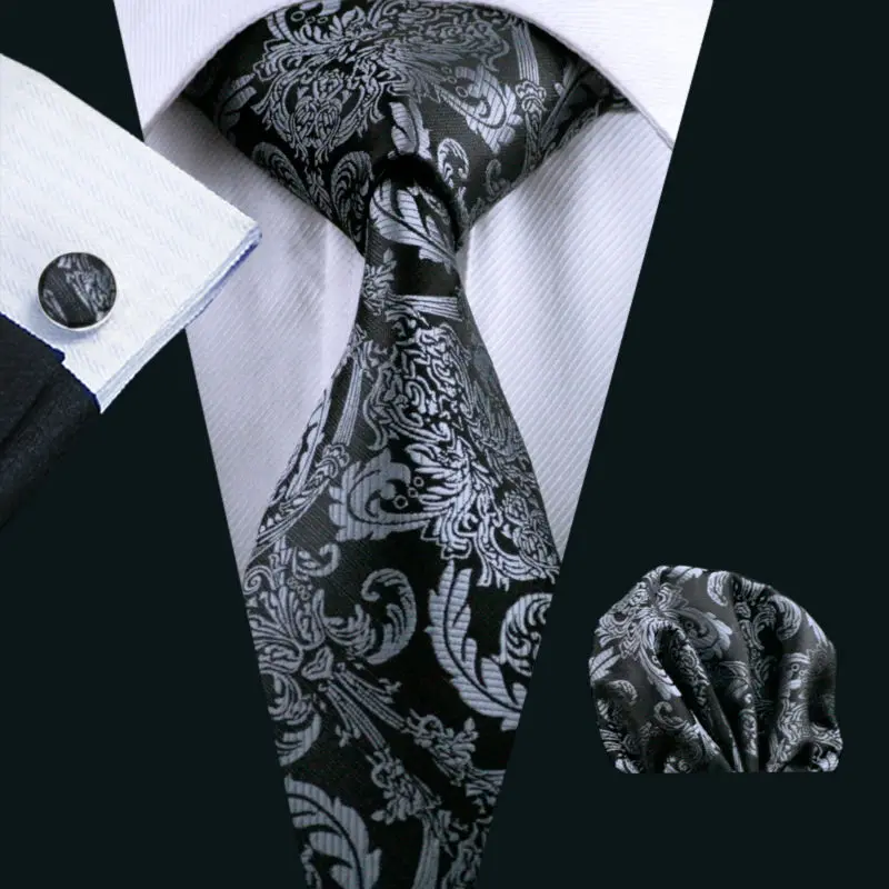 LS-822 Mens Tie Black Paisley 100% Silk Classic Barry.Wang Tie Hanky Cufflinks Set For Men Formal Wedding Party Groom Hot Sell-animated-img