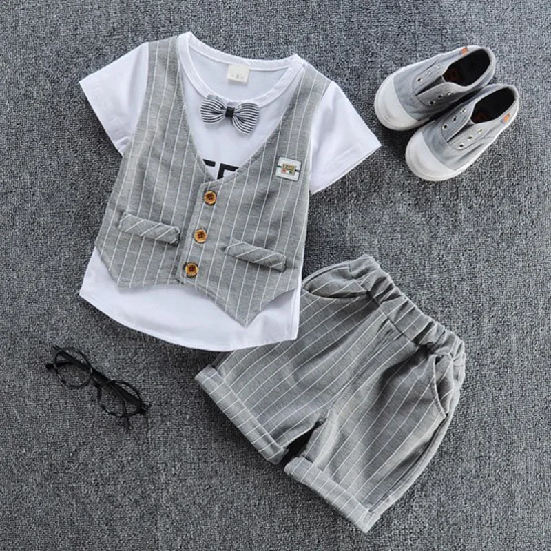 Children Handsome Clothing Suit Kid Casual T-Shirt With Fake Vest+ Pant Boys Fashion Summer Sets-animated-img