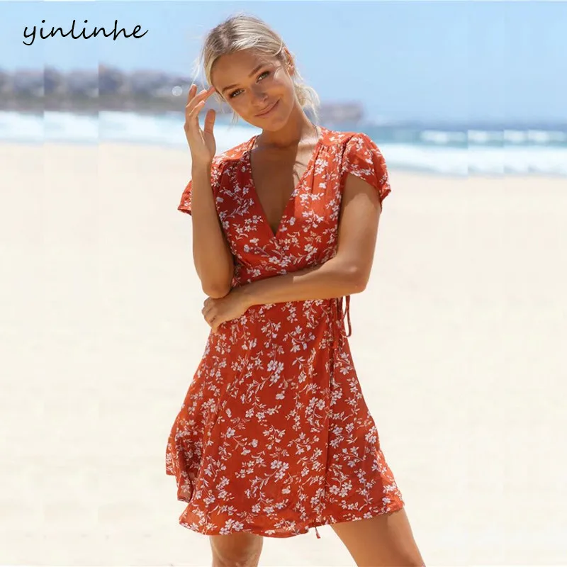 yinlinhe Red Floral Summer Dress Short 