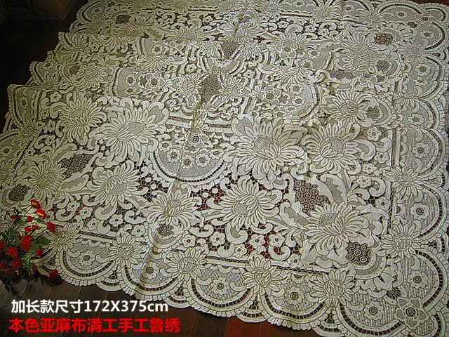 Collectibles, flax, embroidered tablecloth, old hand embroidery, European aristocrat 172X375cm