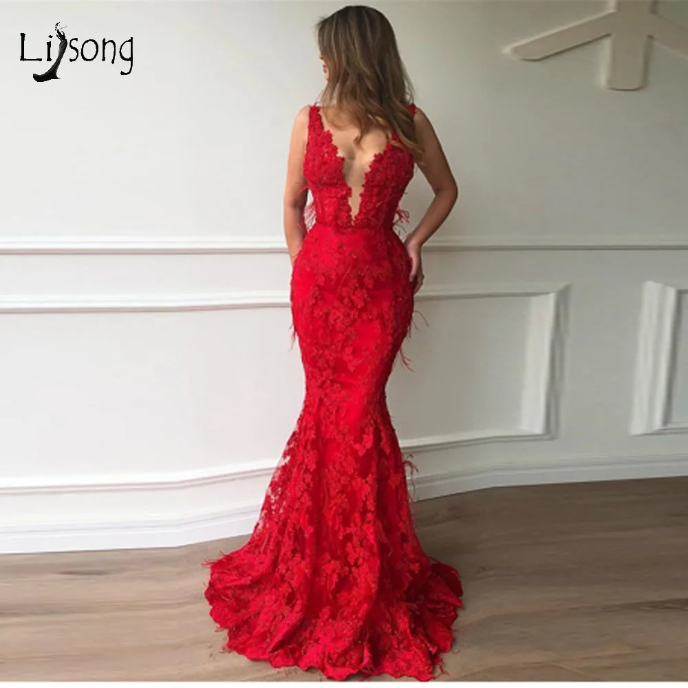 Modest Floral Lace Red Mermaid Prom 