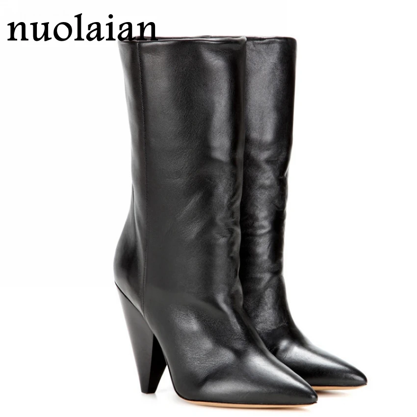 black leather high heel boots for women