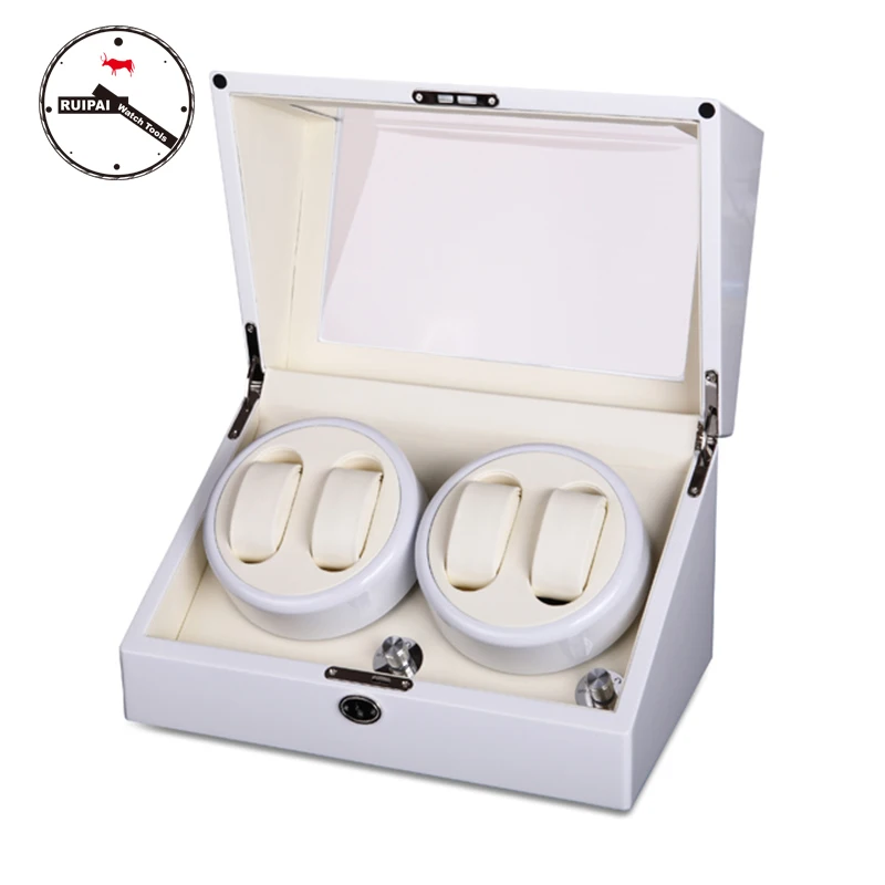 High-end 4+0 BB Type Full White Watch Winder box Glossy Wooden 4 seats 5 Modes Watch Winder-animated-img
