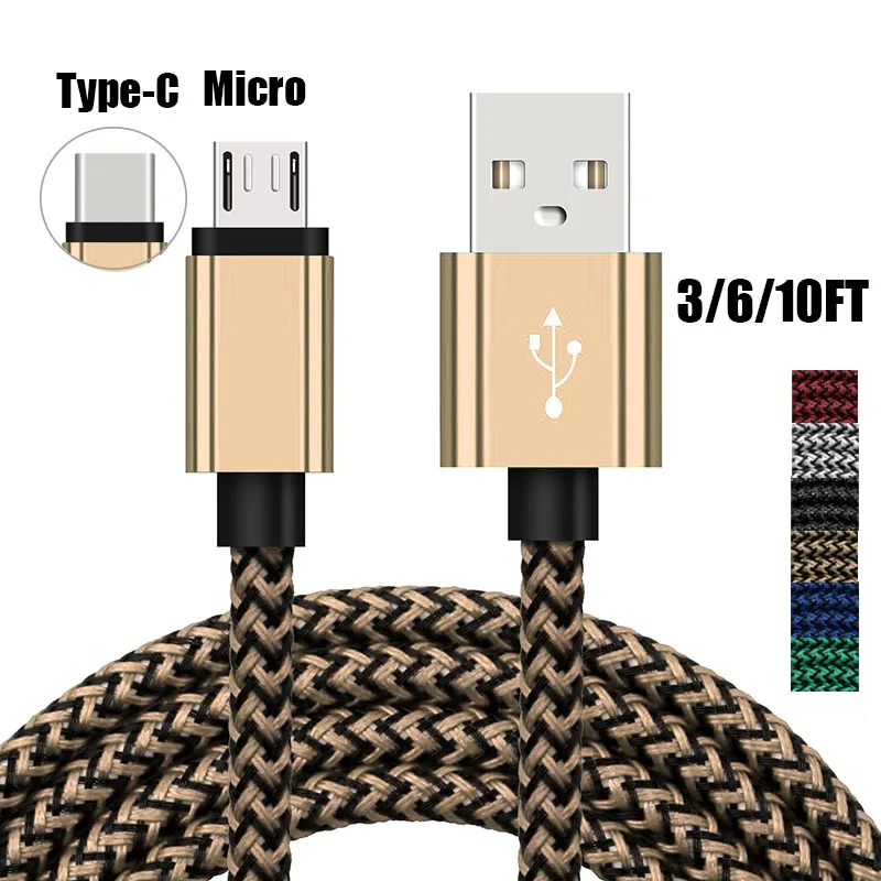 3ft/6ft/10ft USB-C Or Micro USB Android Charger Braided Knit Strong Data Sync Cable For Samsung s4 s6 s7 s8 s9 LG G6 G5 G4 Lot