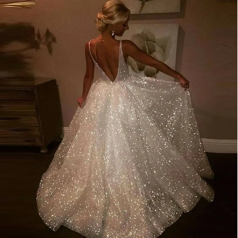 Acquistare Abiti da sposa | Luxury Blingbling Wedding Dress Open Back  Fairytale Bridal Gown Sexy V Neck Sleeveless Sparkling Dresses Formal  Events Gowns