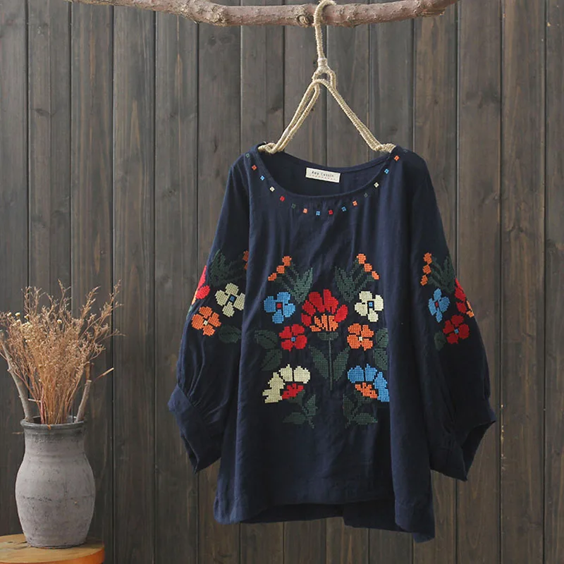KHALEE YOSE Floral Embroidery Blouses Shirt Navy Cotton Summer