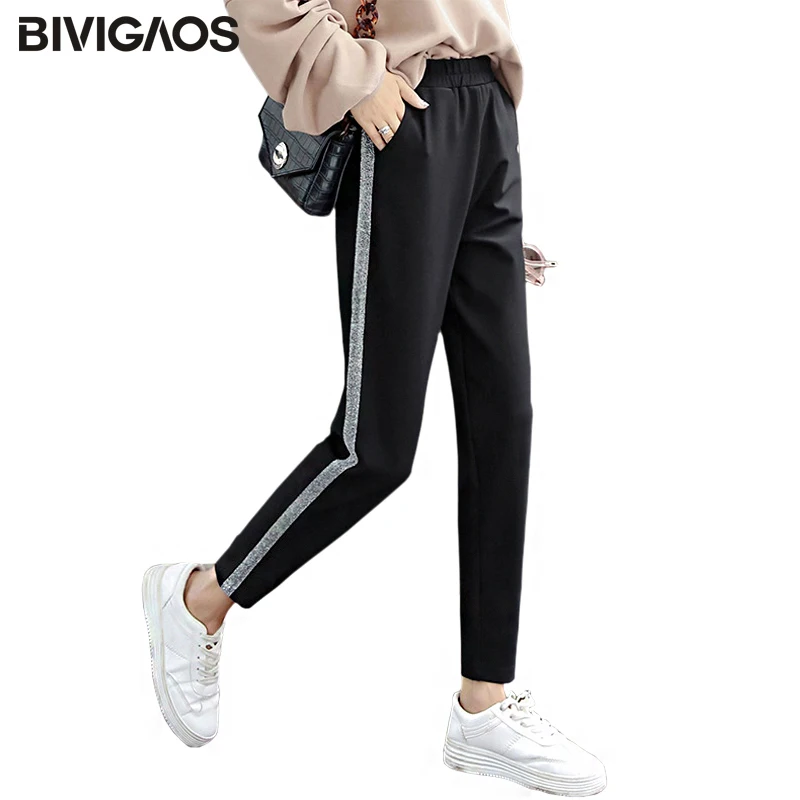 BIVIGAOS Korean Fall New Womens Silver Silk Vertical Striped Harem Pants Casual Wide Leg Pants Loose Trousers Sweatpants Women-animated-img