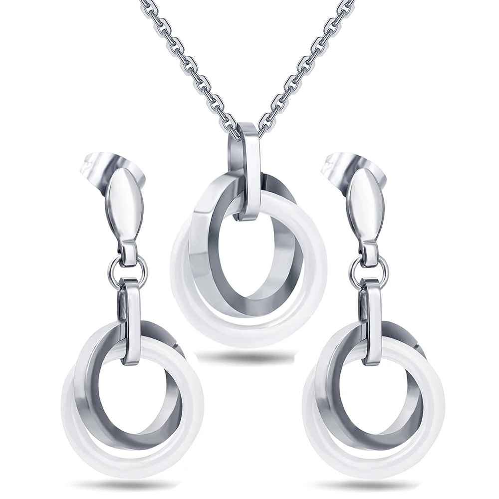 Top Selling Women Necklace& Earring Jewelry Set White Circle Ceramic and Round Stainlees Steel Jewelry Accessories-animated-img