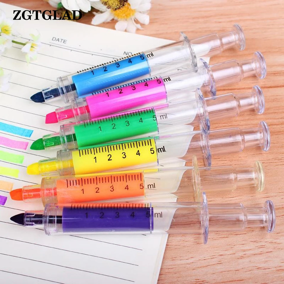 ZGTGLAD 1Pc Random Color Syringe Highlighter Pen Plastic School Office Nurse Doctor Student Novelty Christmas Party Gifts Favors