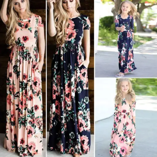 Summer Matching Women Girls Floral Maxi 