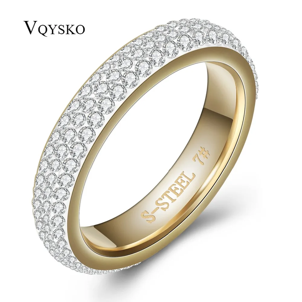 Three row clear crystal Gold Color Stainless steel Wedding Rings for women fashion jewelry with Full Size-animated-img