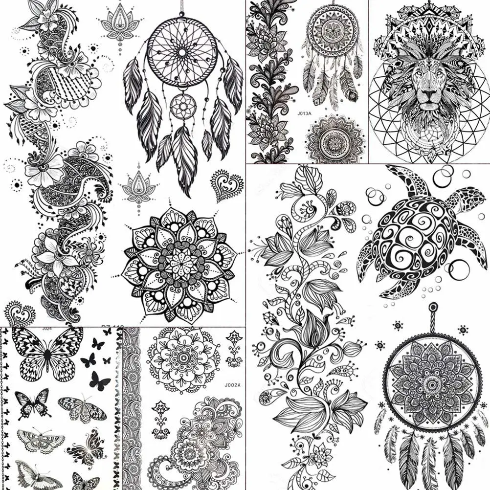 Agora Tatoyaz Yuran Waterproof India Dreamcatcher Rattan Mandala Flower Tattoos Stickers Black Women Temporary Tatoo Turtle Arm Boho Tattoo