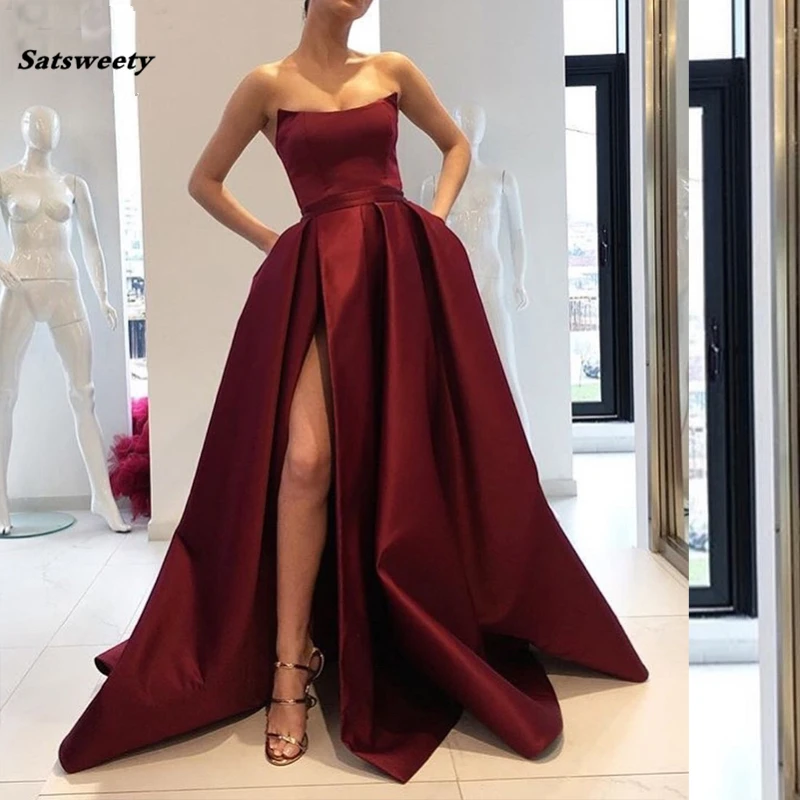 burgundy long evening dress
