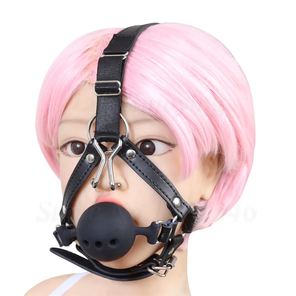 קנו אביזרי מין | Leather Head Hood Fetish Bondage Silicone Open Mouth Bite  Gag Nose Hook BDSM Restraint Oral Sex Toy For Woman Couples Slave Game